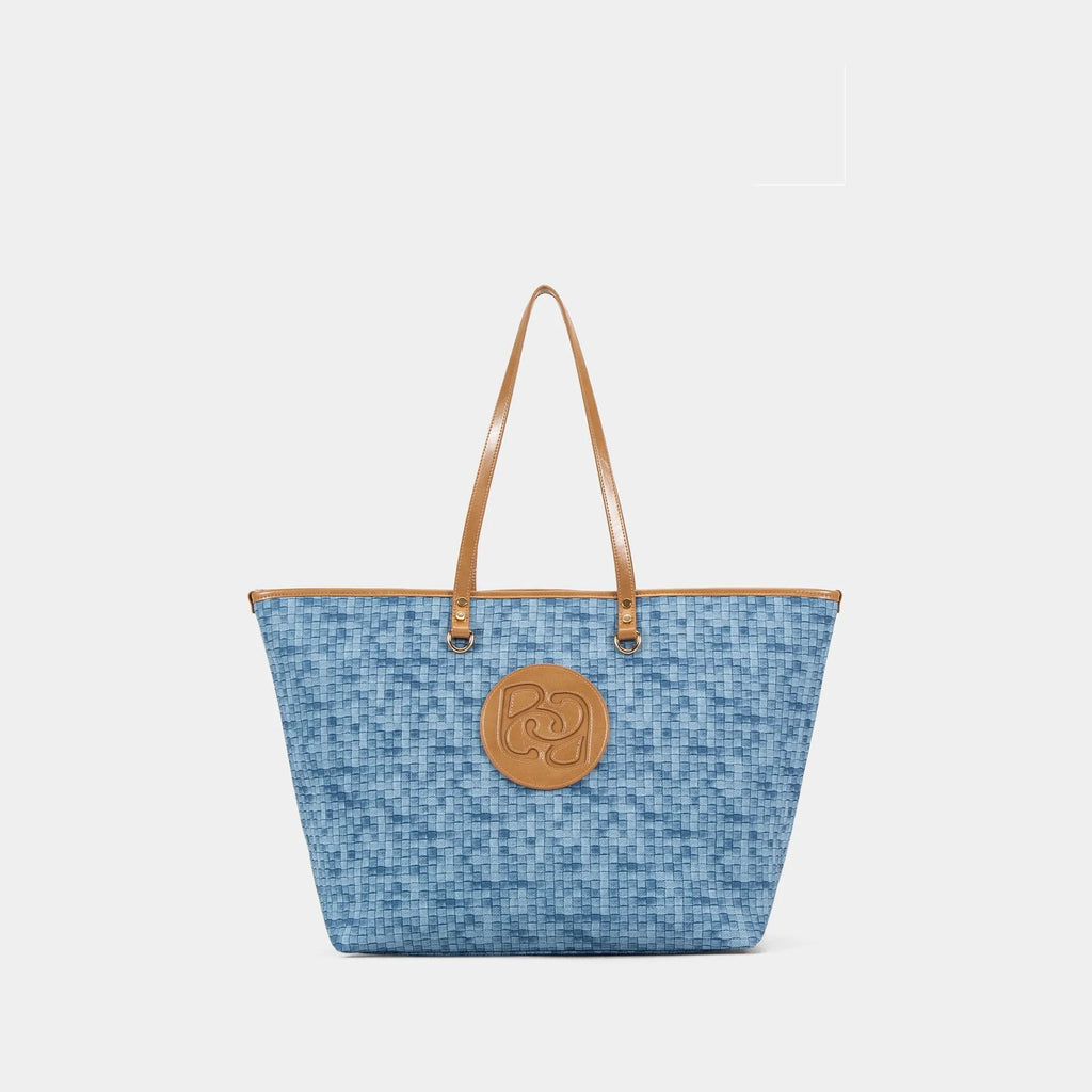Woven light luxury women's hand-carrying bag in blue PVC, 52x31.5x20cm, for daily commuting and travel