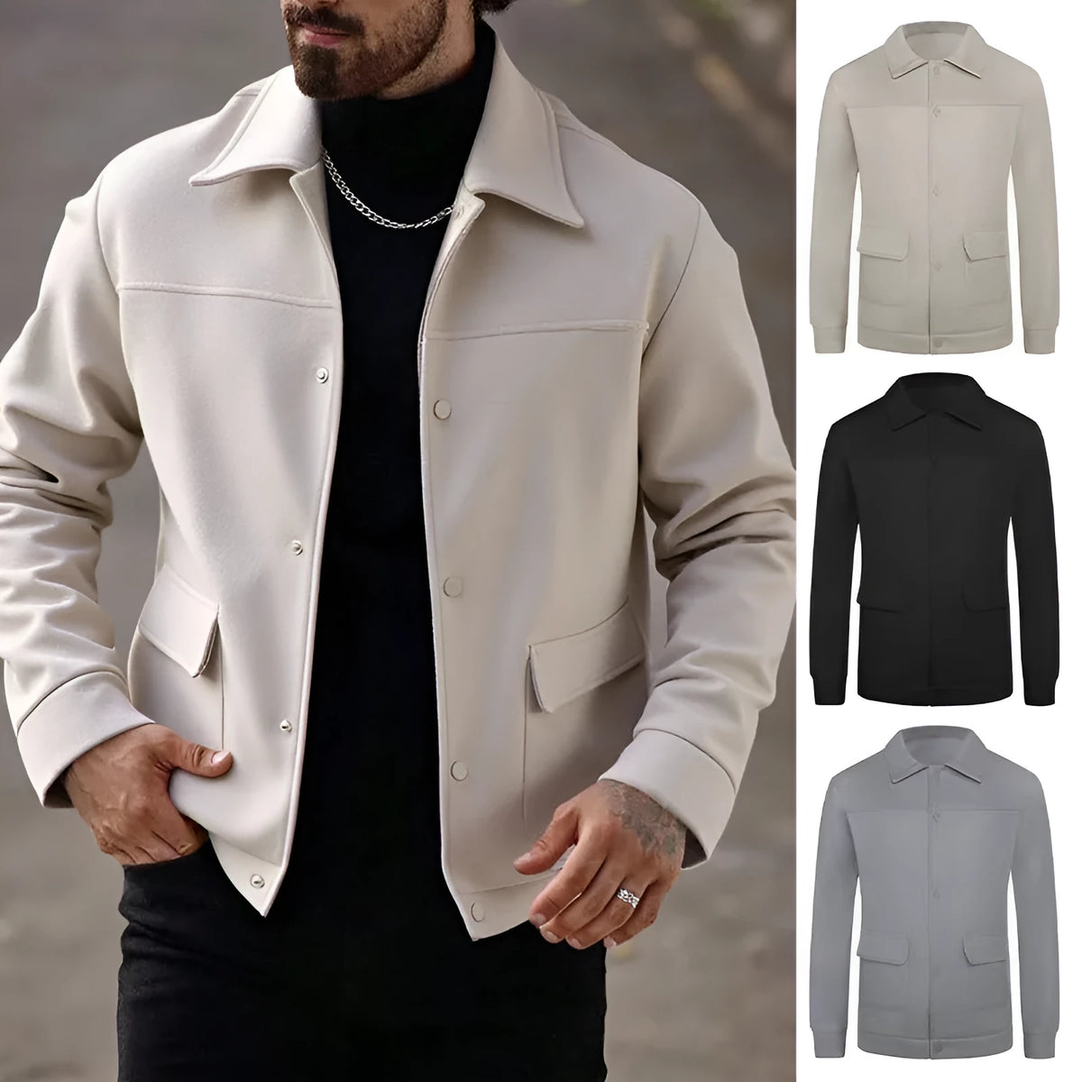 European and American casual wool jacket for women, slim fit, long sleeve lapel, woven polyester, black colour, on model