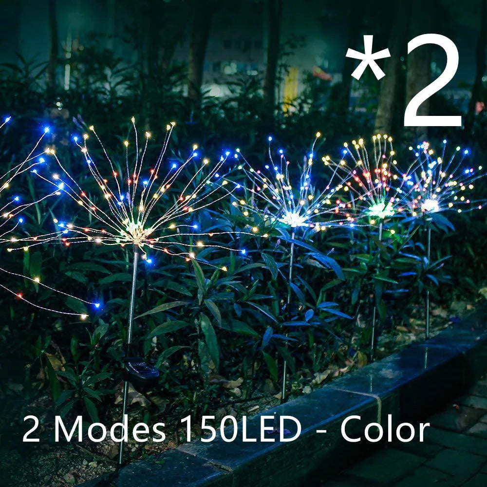 Solar-powered LED fireworks light string for outdoor decoration in various colors