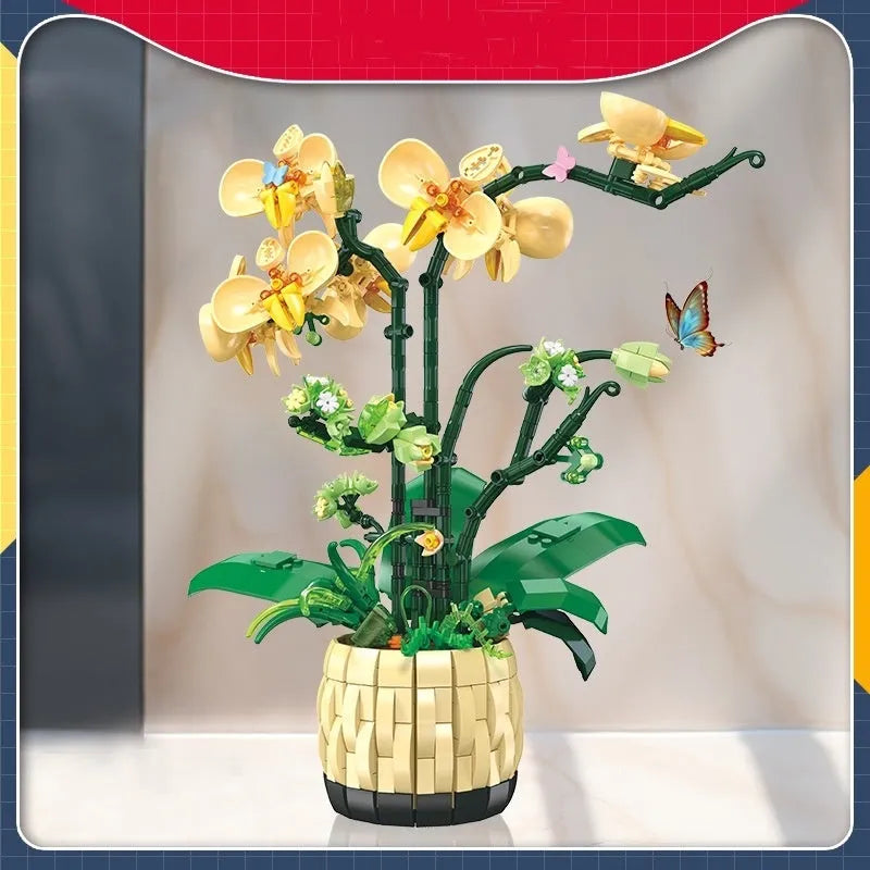 Orchid potted desktop decoration assembling building blocks toy in Jetstar 9067 colour with small plastic particles