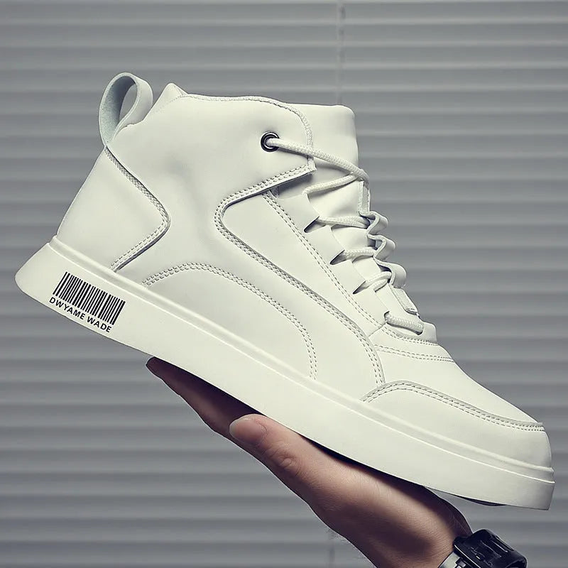 Men's white mid-top casual lace-up sneakers with a round toe and rubber sole