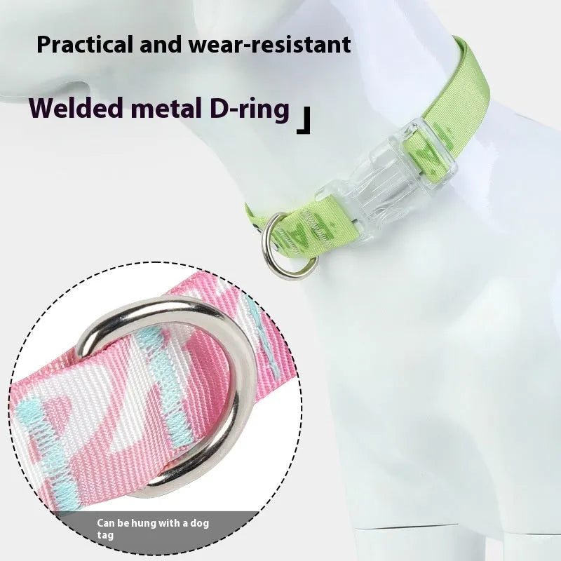 Green and colour gradient adjustable nylon dog collar with cartoon pattern, shown with buckle.