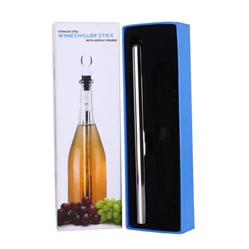 Stainless steel wine chilling rod with leakproof pourer