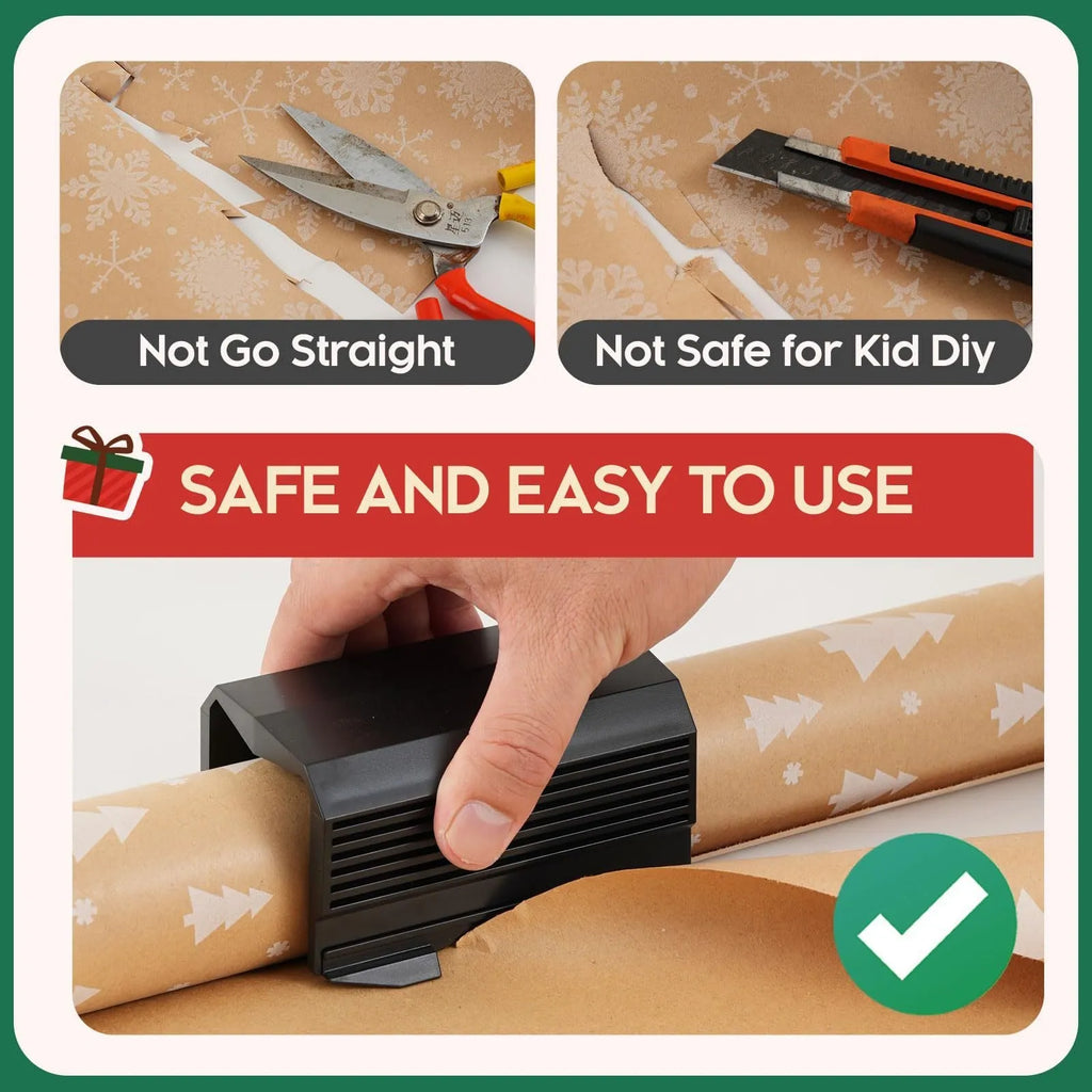 Injection moulded plastic paper cutter for roll paper and scrolls in black, red, or green.