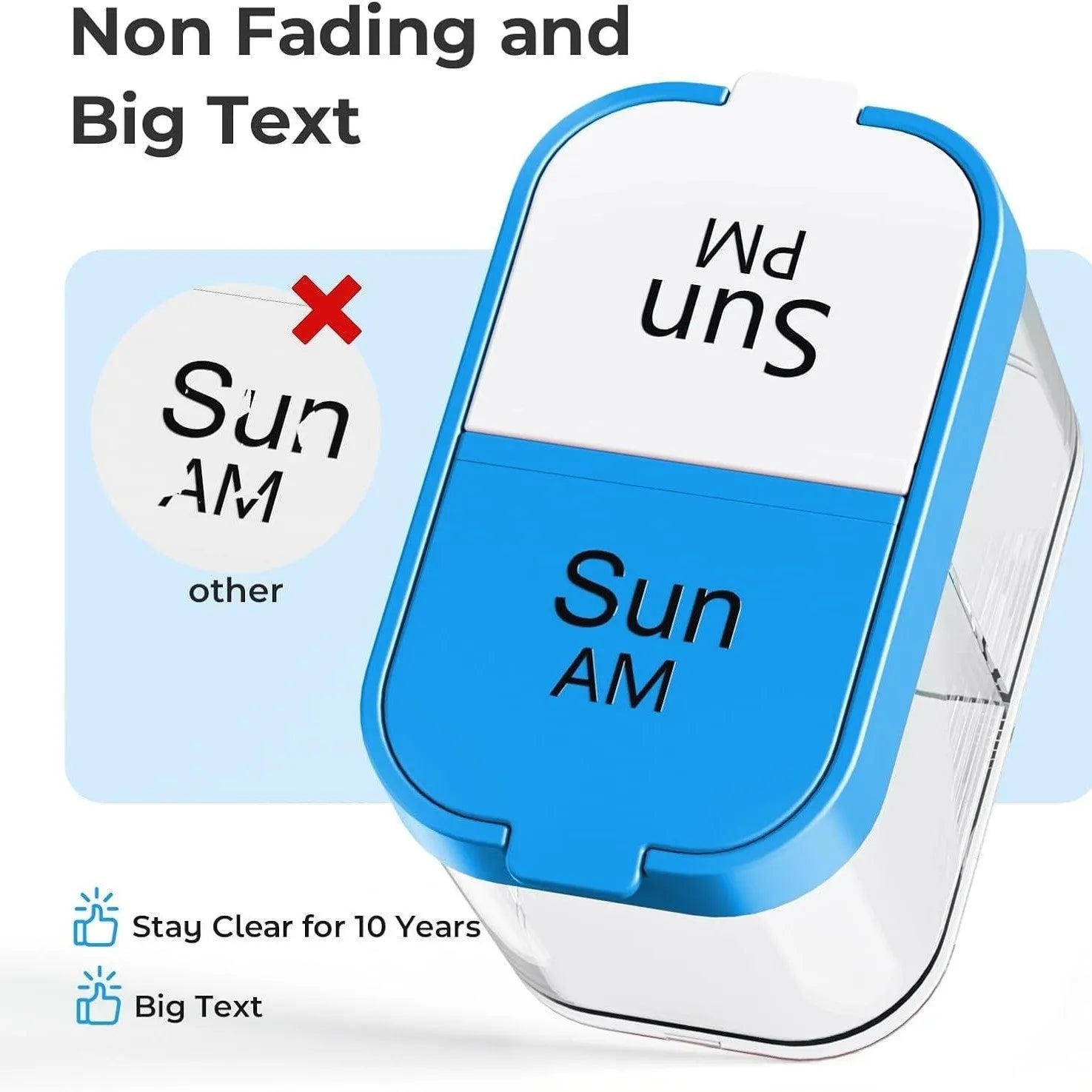 Extra large white and rainbow coloured plastic pill box with 14 removable grid compartments.