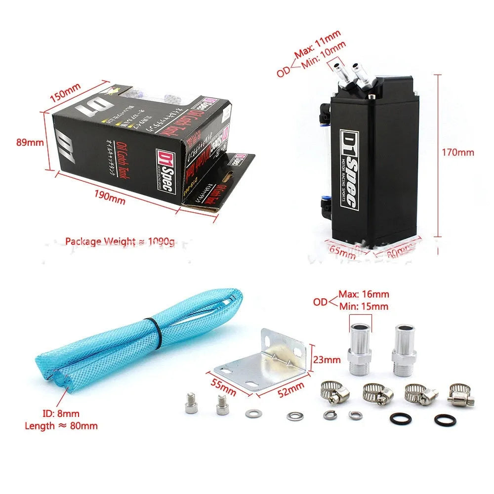Car modification oil catch tank in black, red, silver, or blue colours.