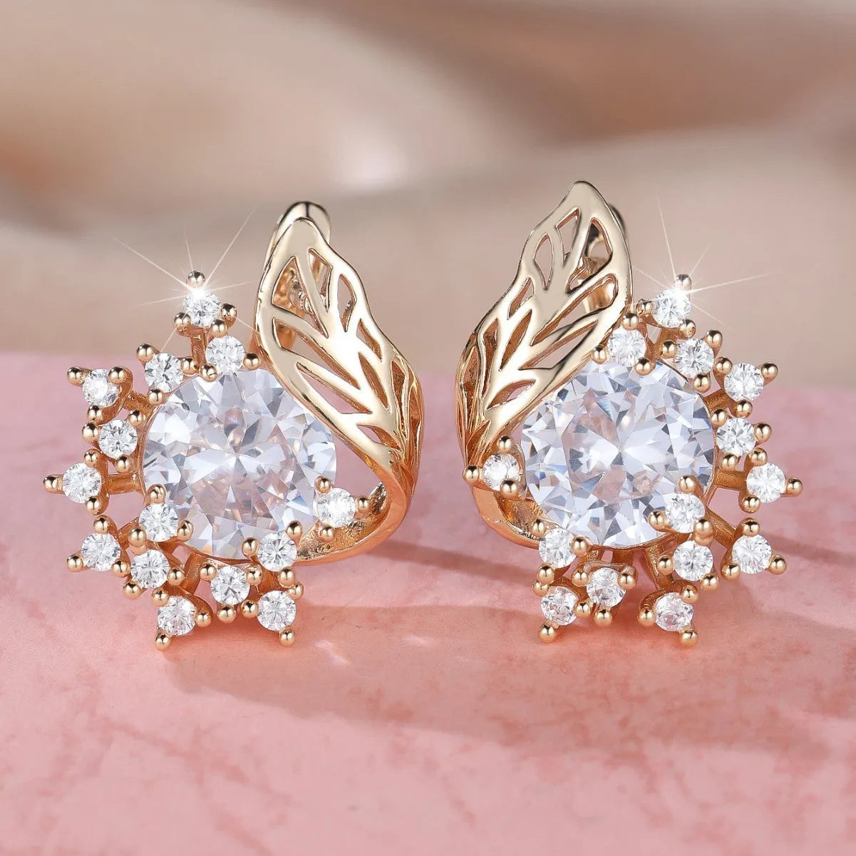 Round flowers feather zircon earrings with electroplated champagne gold finish and colourful diamond accents