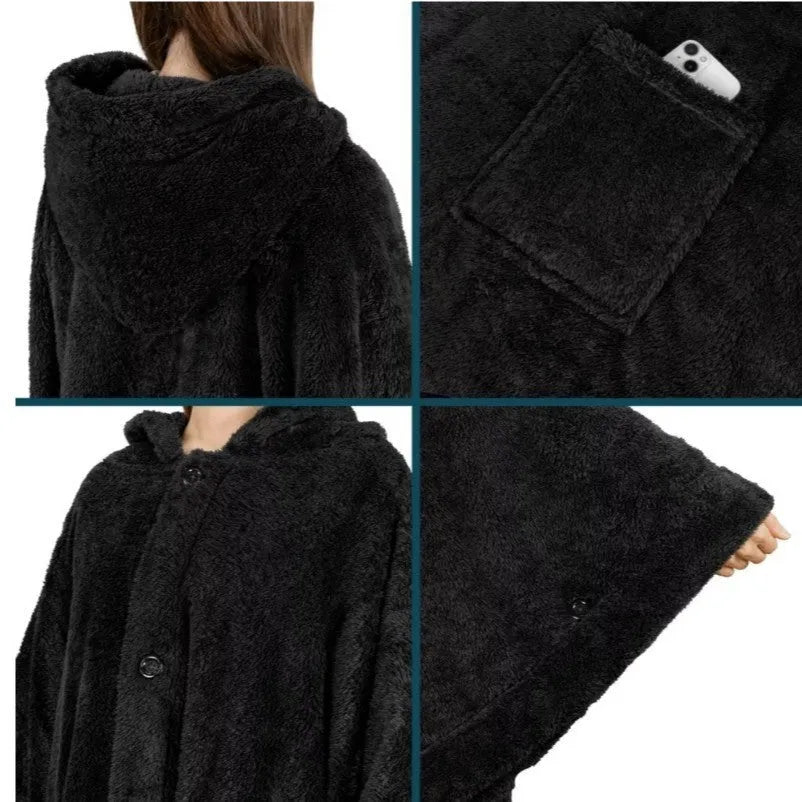 Thickened long sleeve hooded bathrobe in black, dark grey or pink polyester.