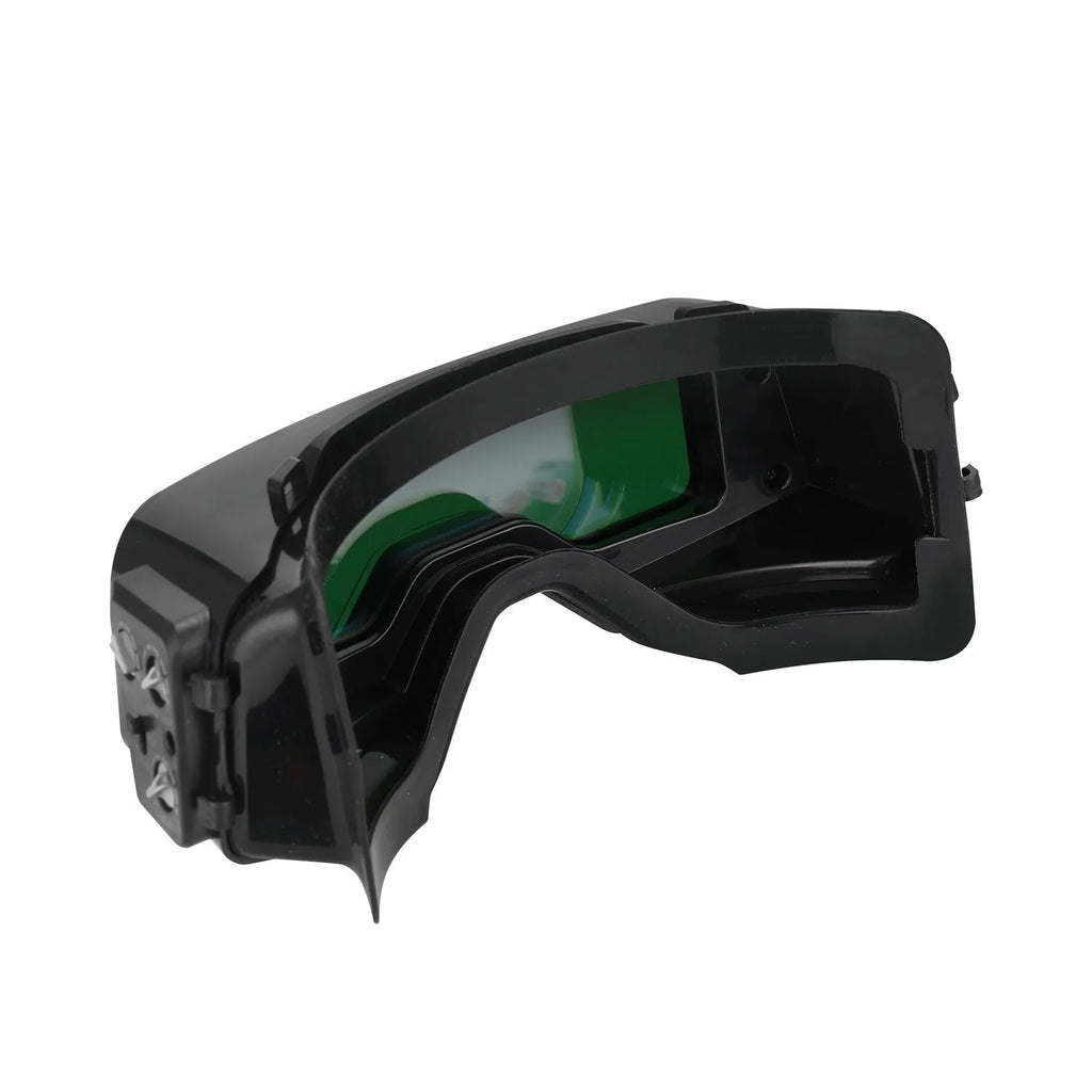 Black automatic changing light welding mask glasses showing large viewing area and headband