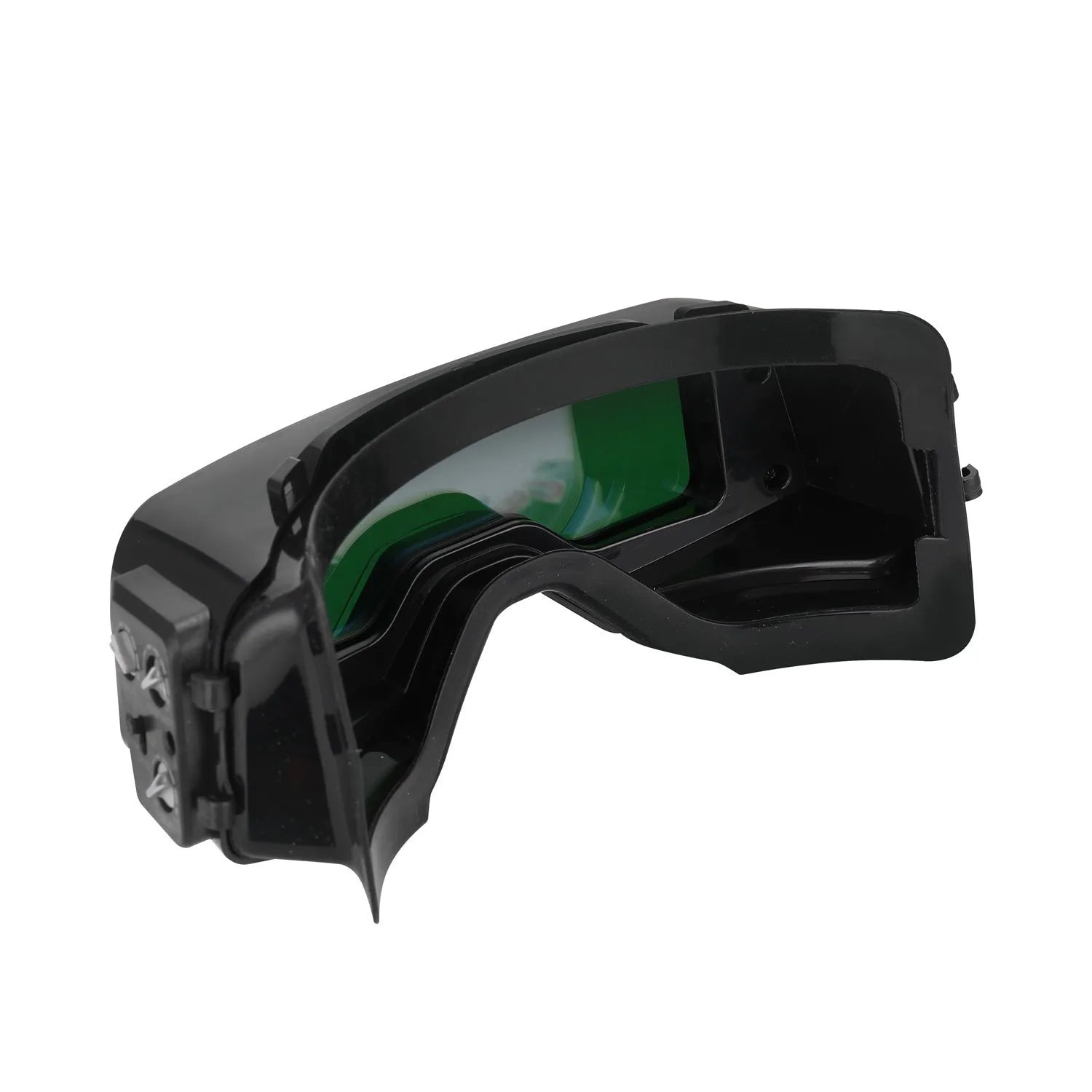 Black automatic changing light welding mask glasses showing large viewing area and headband