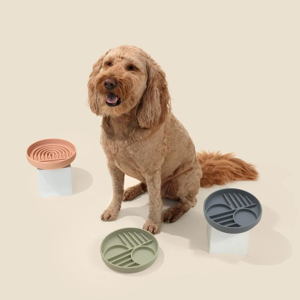 Beige silicone slow feeder dog bowl with ridge pattern for slow eating and lick mat use.