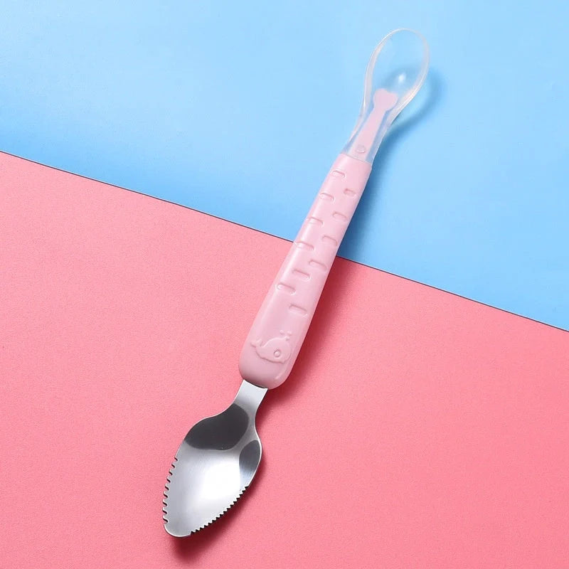 Baby Fruit Double-headed Mud Scraping Spoon in stainless steel with colorful options