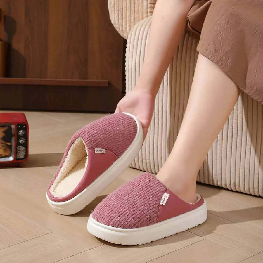 Winter warm plush home slippers with thick non-slip sole in various colours