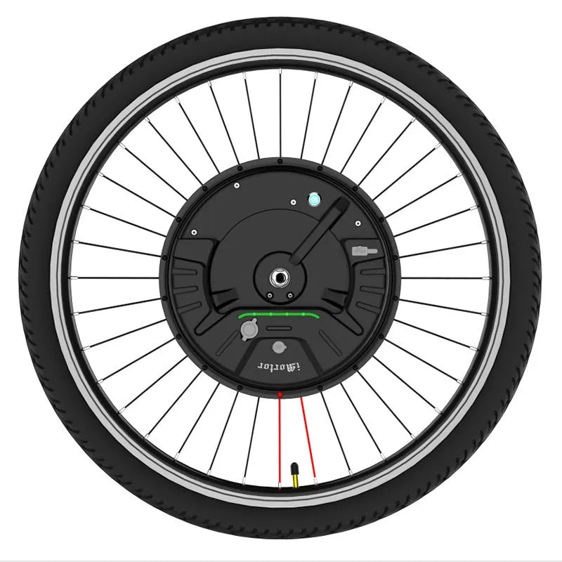 Black alloy wheel with integrated Imotor 3.0 hub motor for electric bicycle conversion.