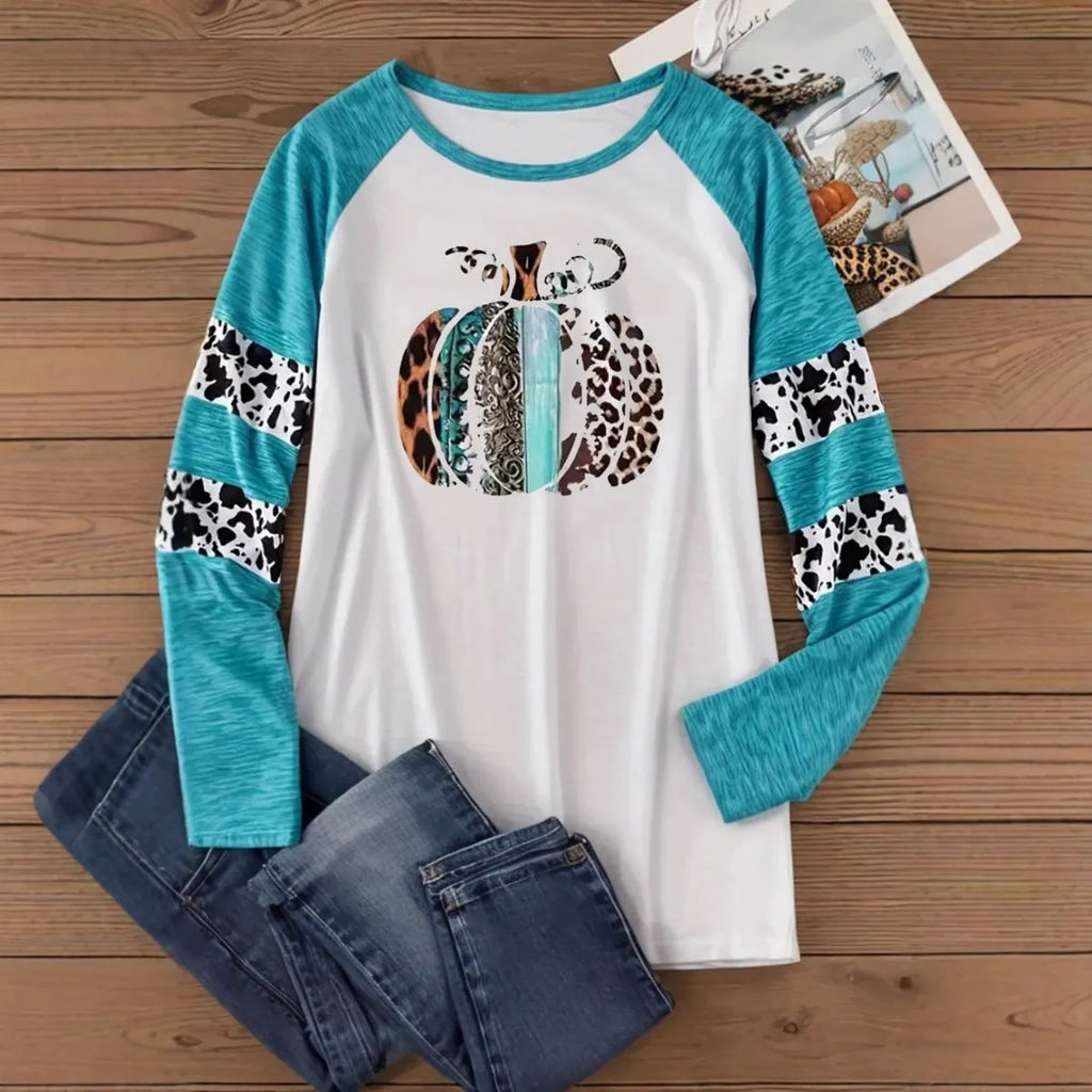 Sky blue Halloween T-shirt with white 3D pumpkin print, long sleeves, regular fit.