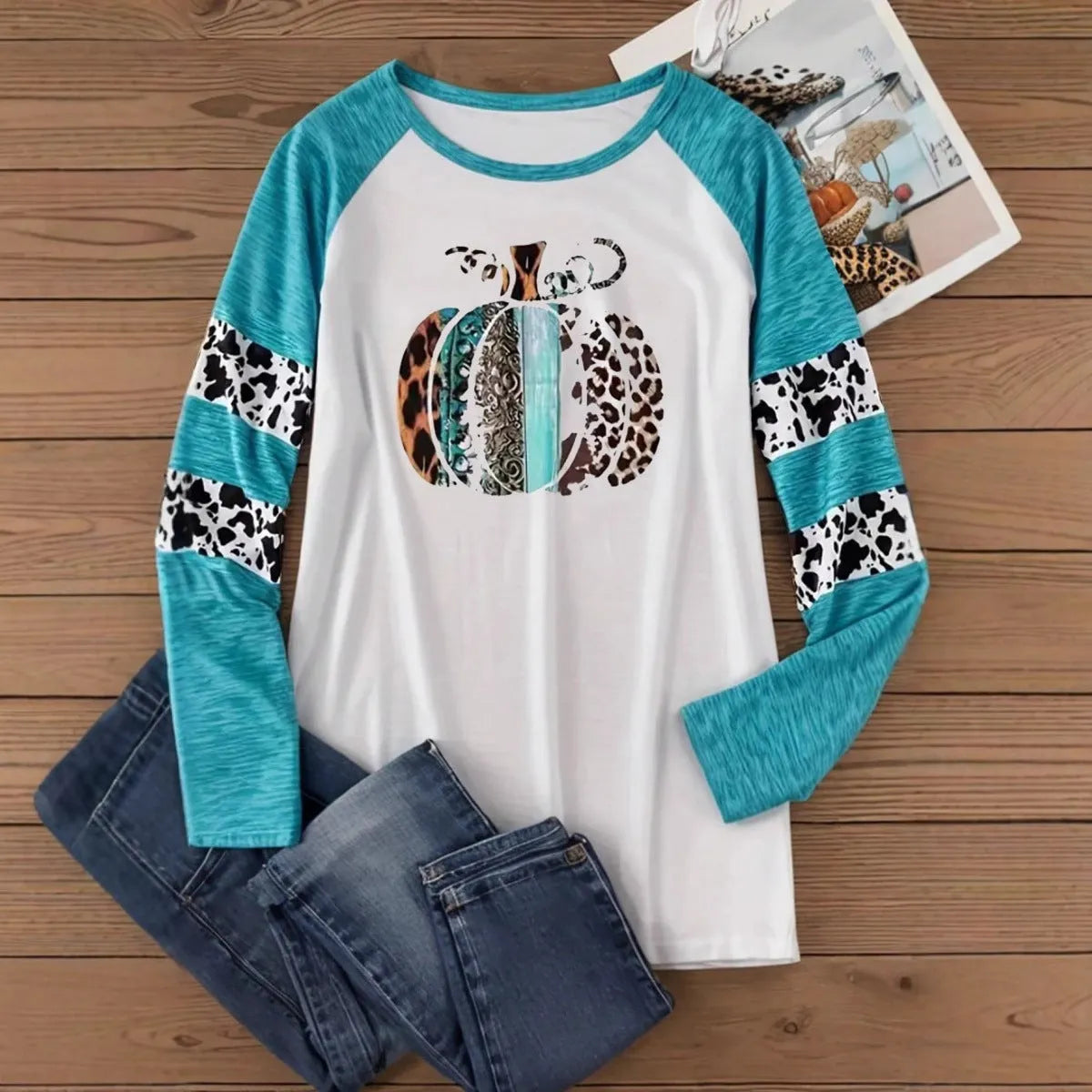Sky blue Halloween T-shirt with white 3D pumpkin print, long sleeves, regular fit.