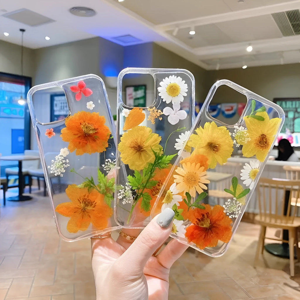 Epoxy glitter small floral phone case in TPU for iPhone, glossy finish, multiple colour options