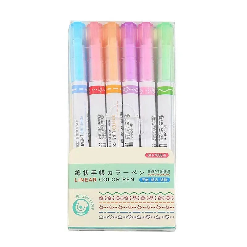Set of 6 creative curve pens with plastic case in box packaging showing line patterns