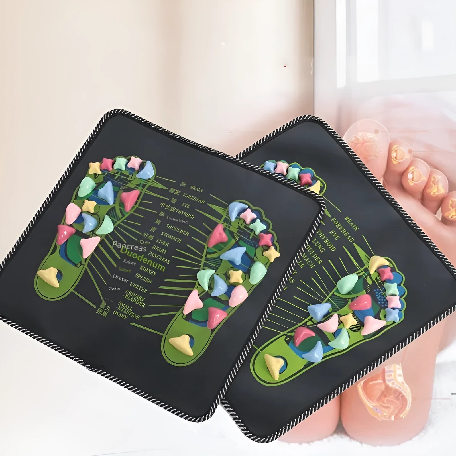 Health Path Cobblestone Foot Massage Mat 35x35cm PVC with English text on a floor indoors