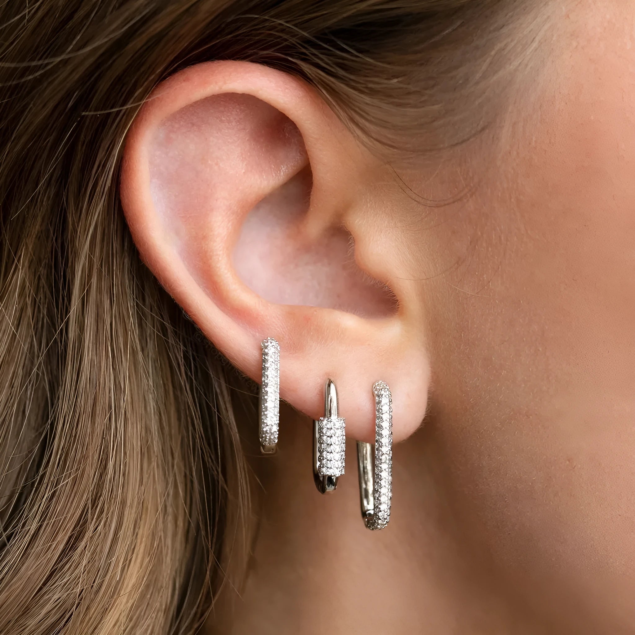 Geometric copper ear clip earrings three-piece set with inlaid zircon stones in gold or white colour