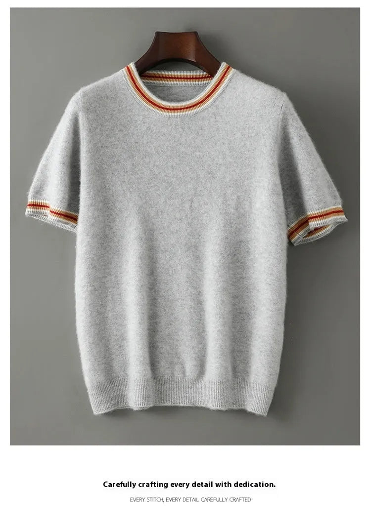 Men's short sleeve wool sweater with round neck pullover design in black colour
