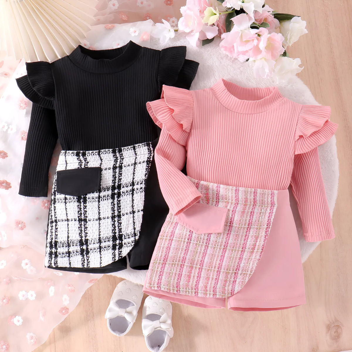 Girls' cotton skirt set two-piece with long sleeves, pullover style, in pink and black