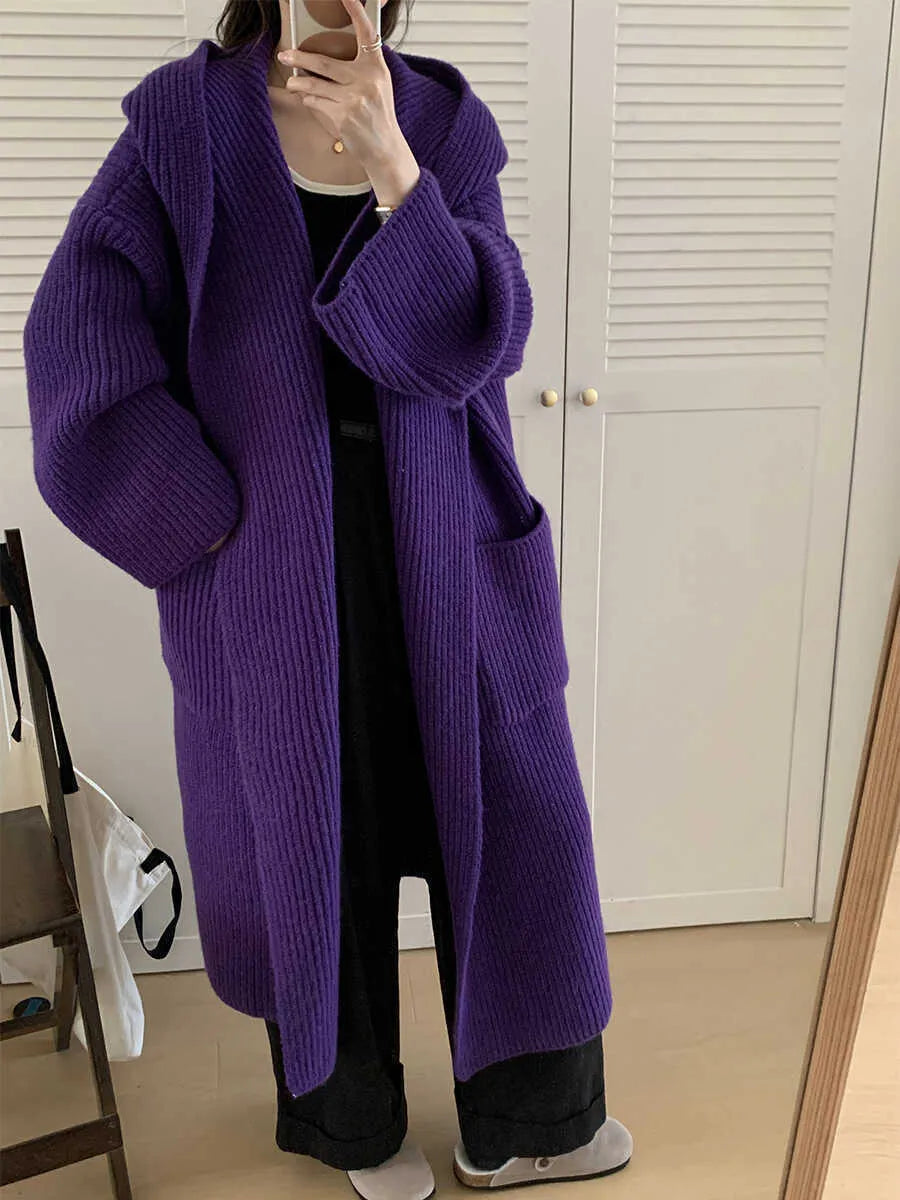 Loose hooded cardigan coat in extended 80cm length with raglan sleeves