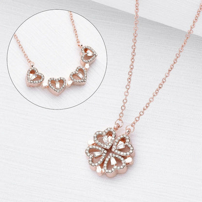 Retro magnetic folding heart-shaped four-leaf clover pendant necklace in various colors and designs