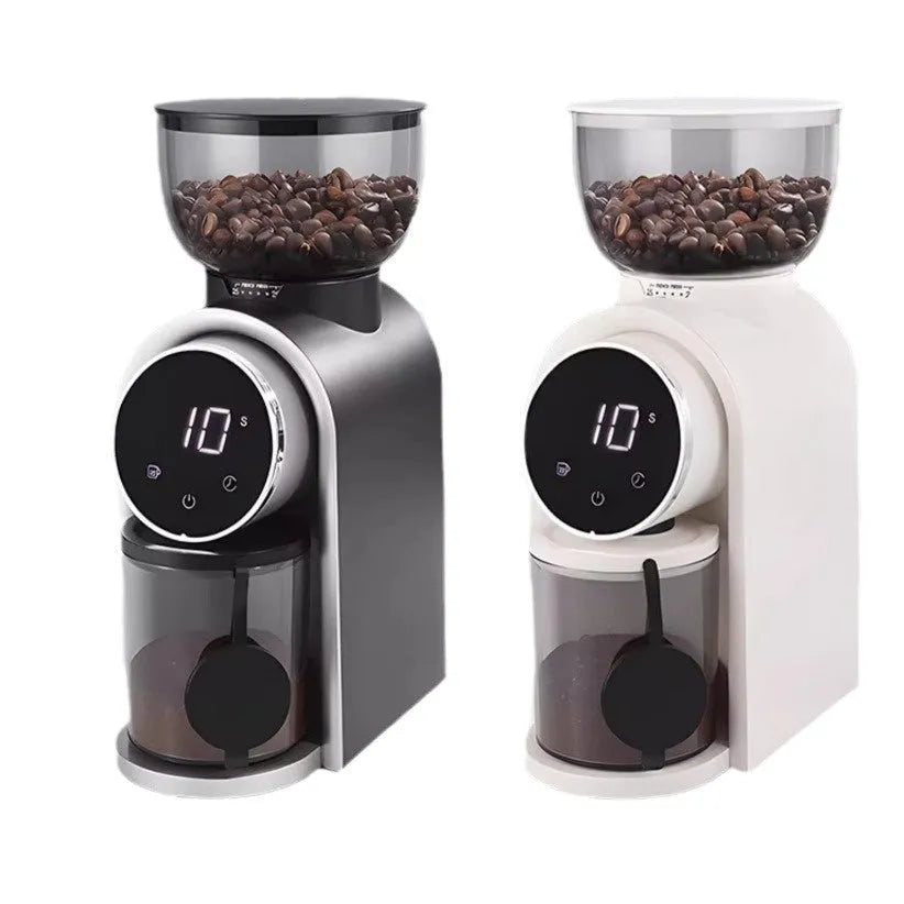 Smart electric coffee grinder with adjustable scale in black plastic body