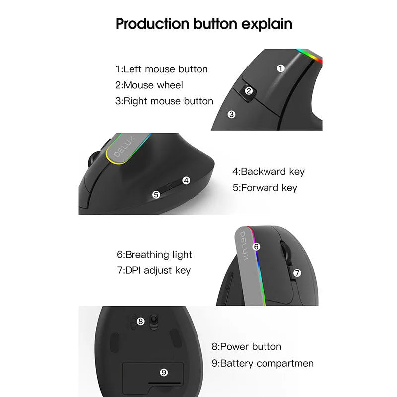 Colorful M618C RGB vertical ergonomic wireless hand-held straight mouse in black with 2.4Ghz and adjustable DPI