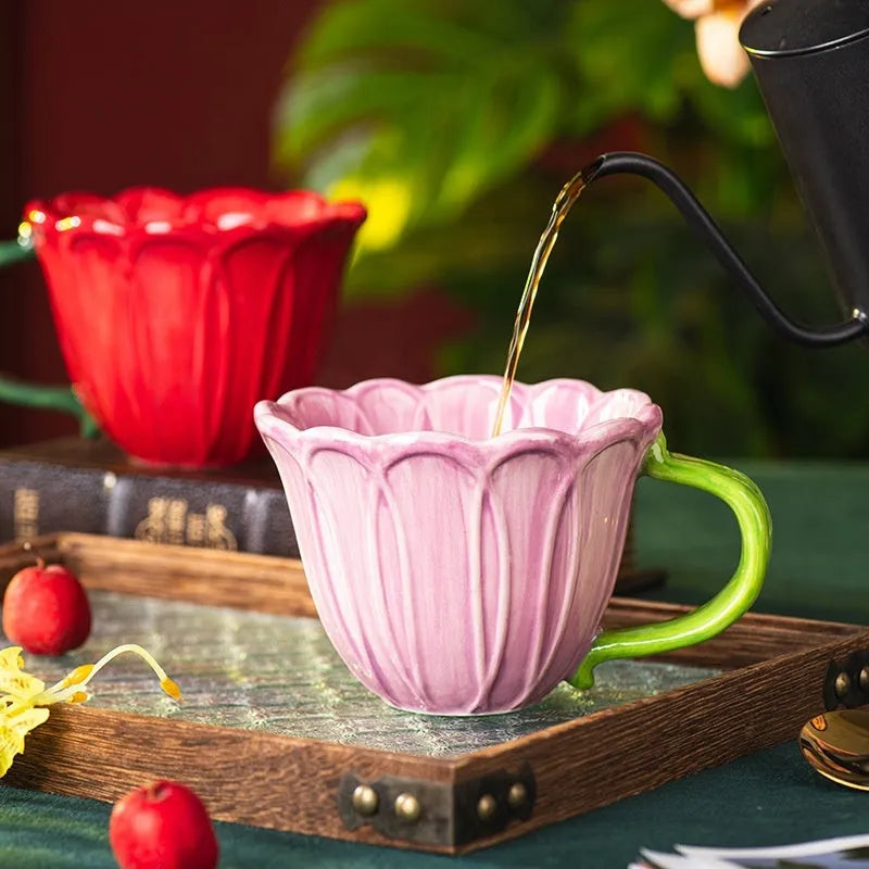Ceramic breakfast cup with pastoral pattern, 500ml capacity, shown with handle.