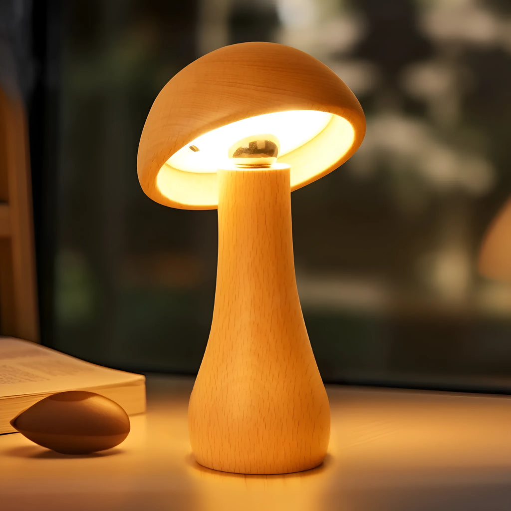 Solid beech wood mushroom shaped LED bedside lamp with warm light on a wooden nightstand