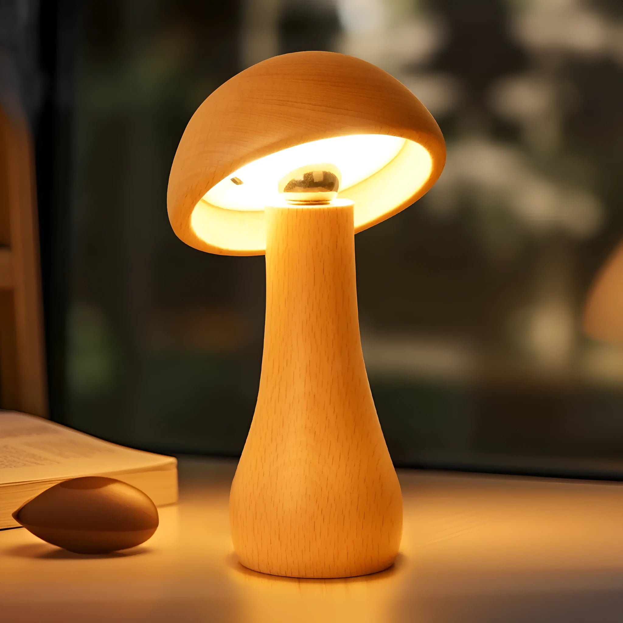 Solid beech wood mushroom shaped LED bedside lamp with warm light on a wooden nightstand