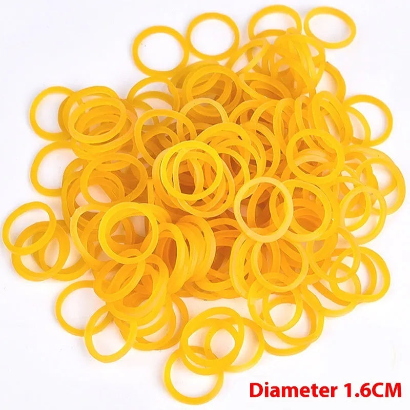 500g pack of assorted yellow rubber bands in sizes from 25mm to 70mm diameter.