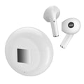 White Budz5 wireless Bluetooth semi-in-ear headphones with charging case on a table.