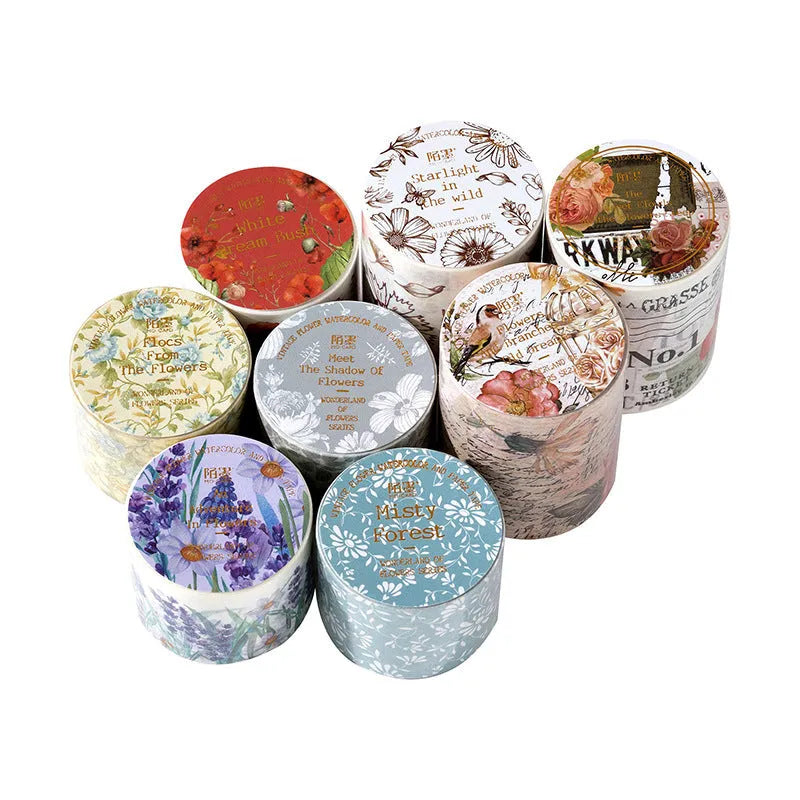 Roll of vintage style floral watercolour paper tape on a Japanese paper base, showing a 2 metre length.