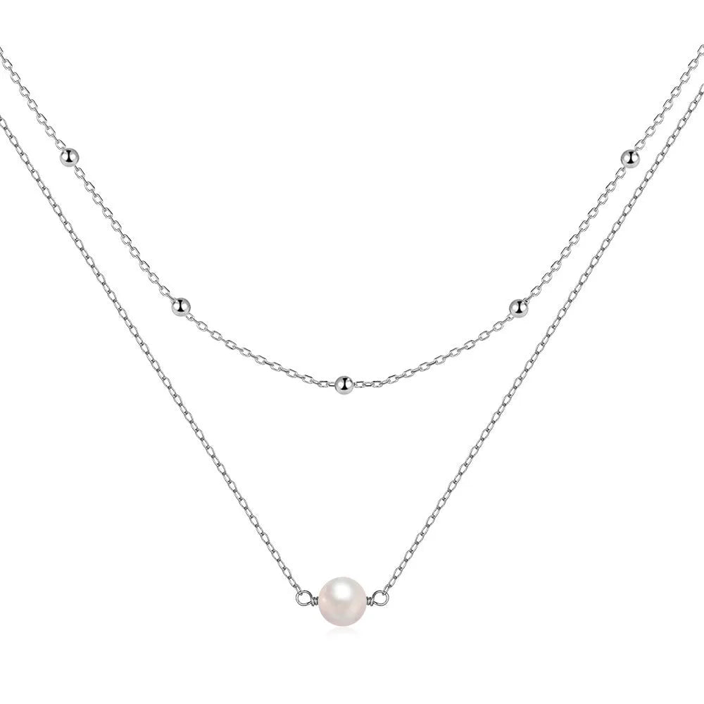 S925 sterling silver necklace with double-layer twin pearl pendant on a ball bead chain, shown in gold colour.