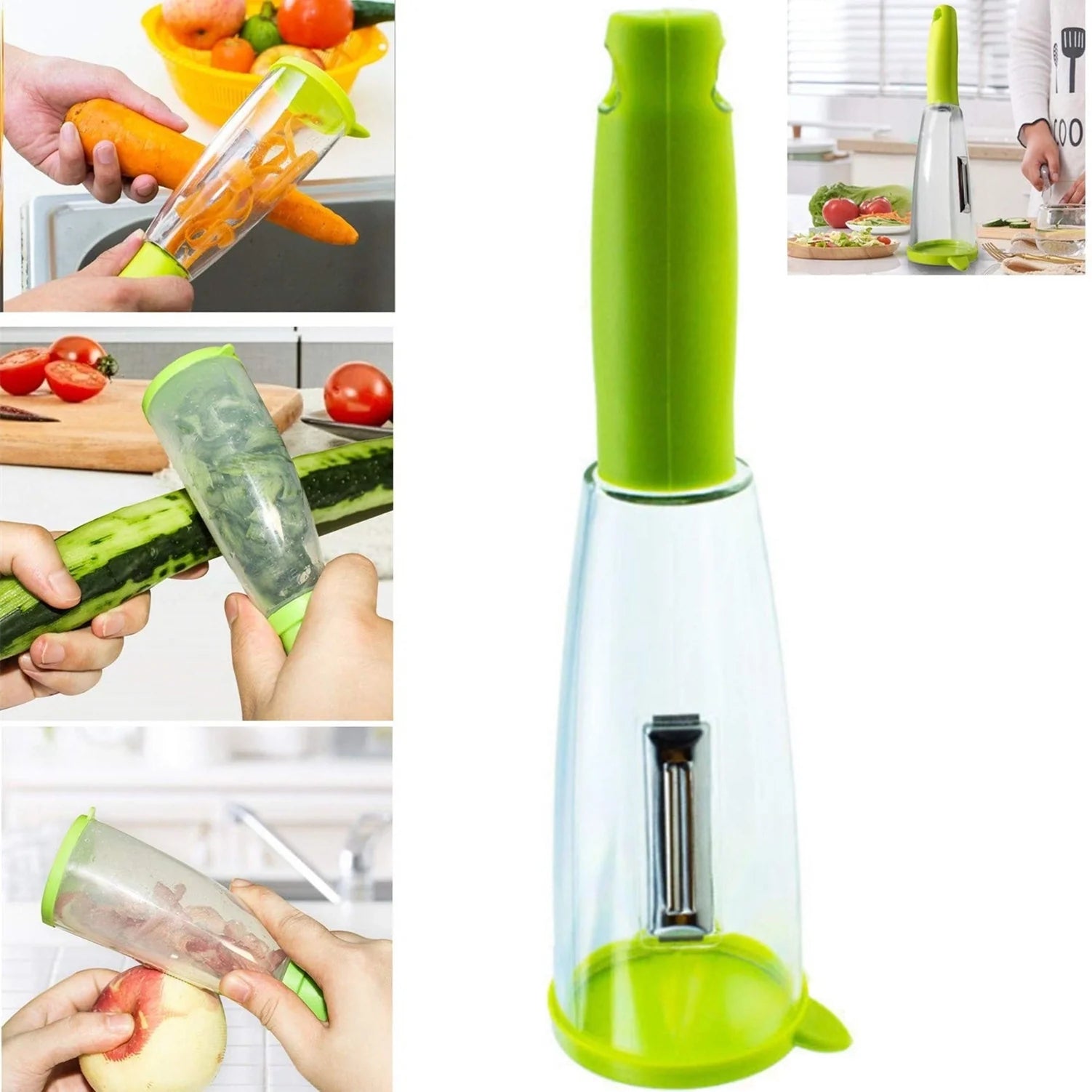 Stainless steel peeler with built-in rubbish bin for clean kitchen prep