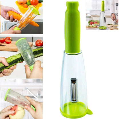 Stainless steel peeler with built-in rubbish bin for clean kitchen prep