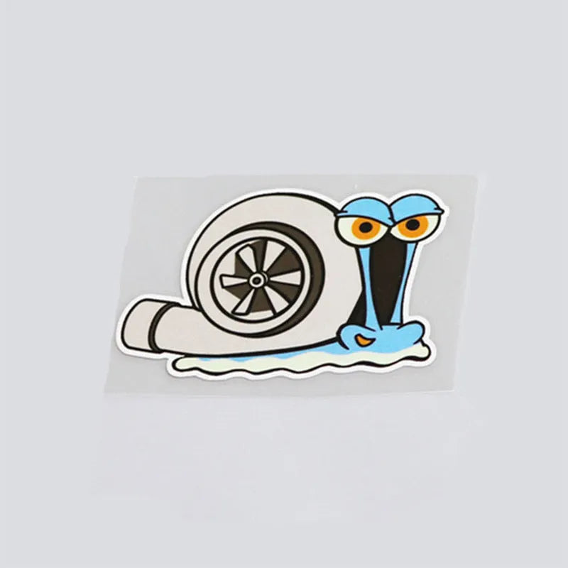 White cartoon snail design reflective vinyl car sticker on a clear background.