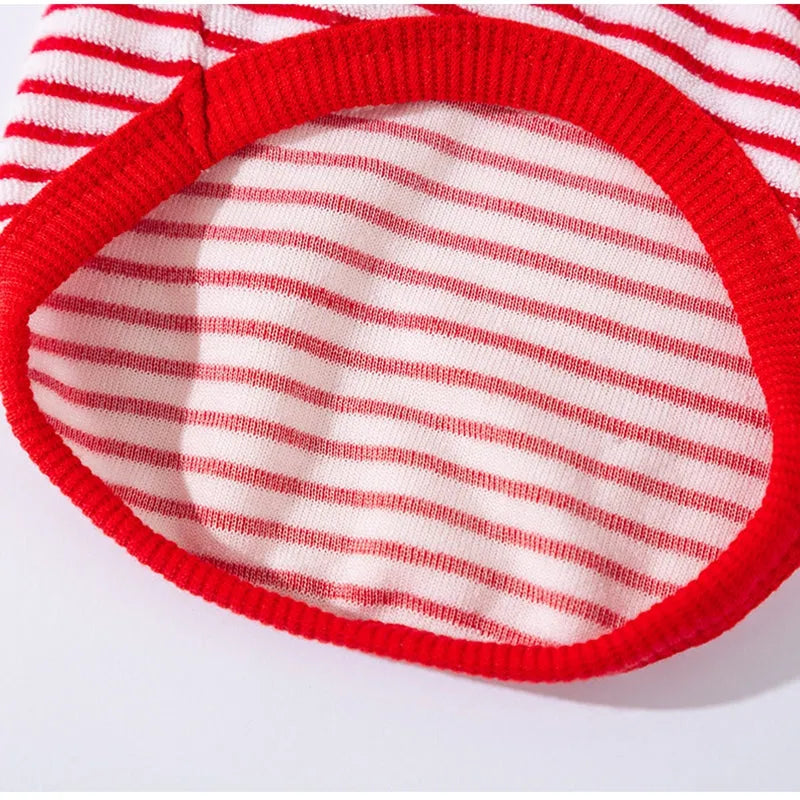 Red striped warm fleece pet clothing for small dogs and cats with two leg openings and embroidered pocket