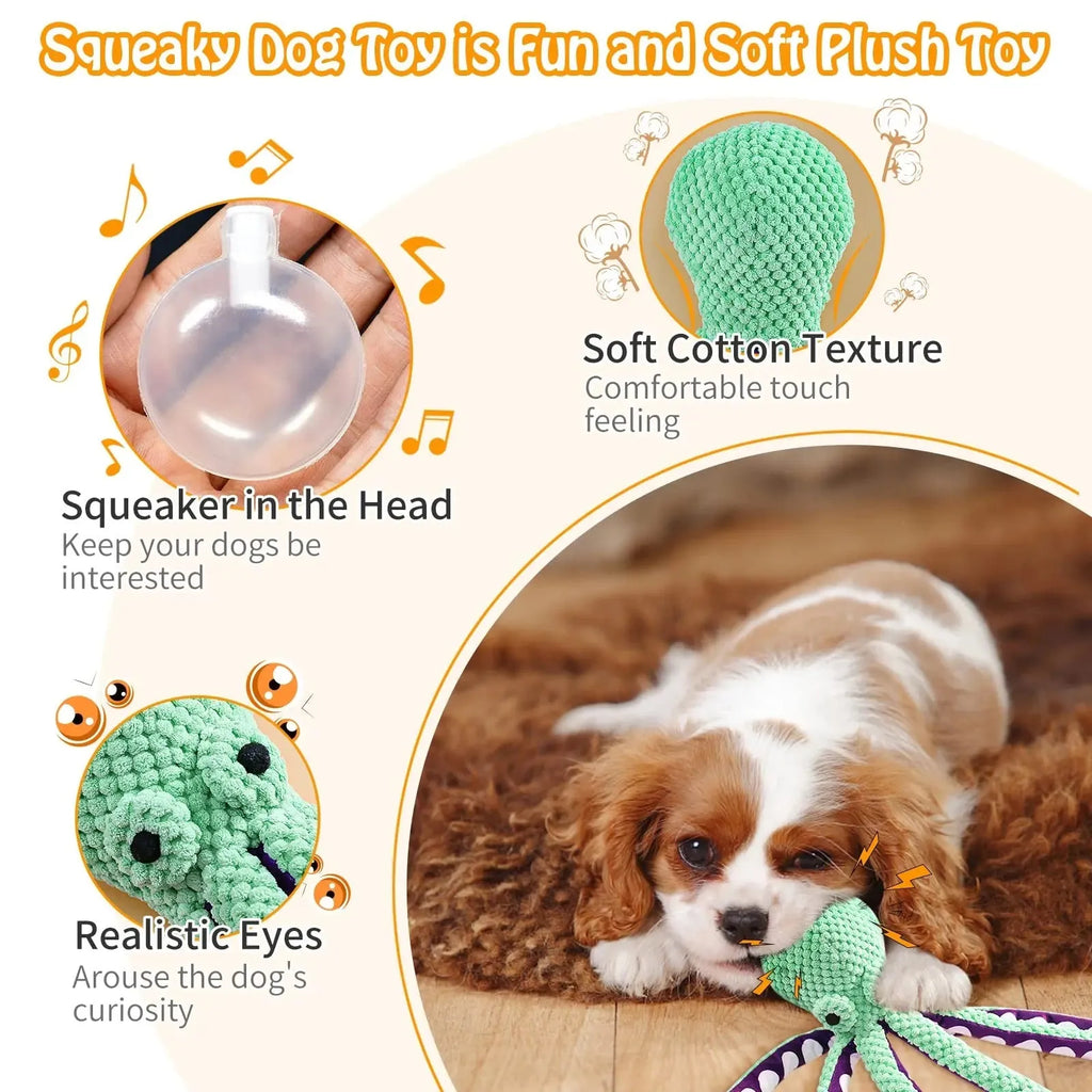 Blue plush octopus dog toy with long legs and cartoon eyes for chewing and interactive play.