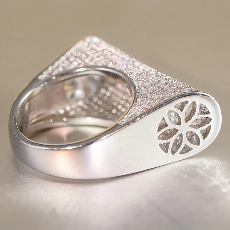 Cao Shi special-shaped full diamond ring for women, copper with white gold finish, inlaid zircon stones, available in sizes 6-10
