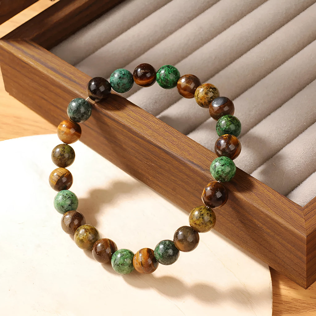 Tigereye natural stone fortune bracelet with flower design in antique style, 18mm diameter