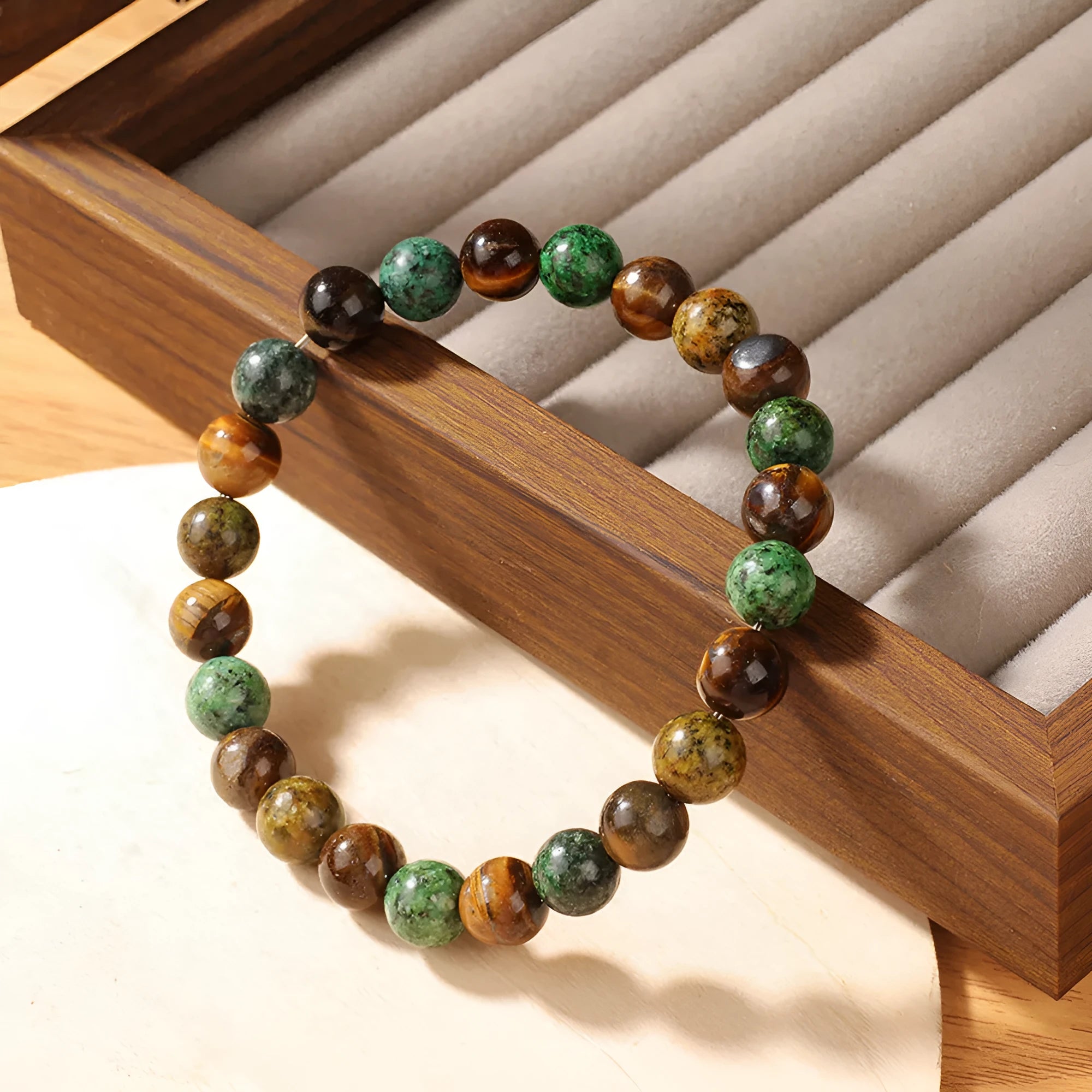 Tigereye natural stone fortune bracelet with flower design in antique style, 18mm diameter