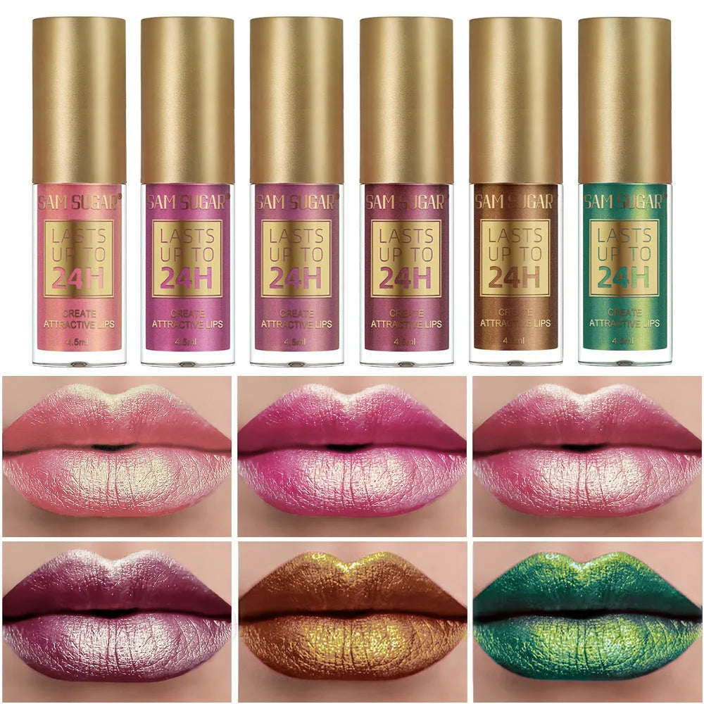 6-colour set of glittering pearlescent lip lacquer tubes in metallic finish shades 01 to 06