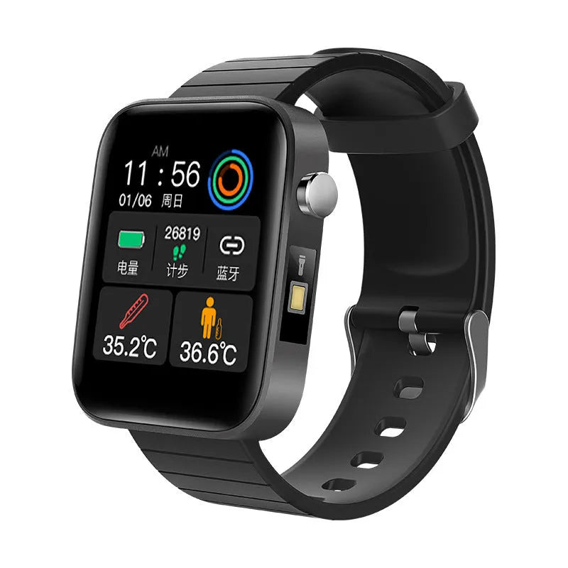 Black health monitoring smart bracelet showing blood pressure and temperature tracking on 1.54-inch screen