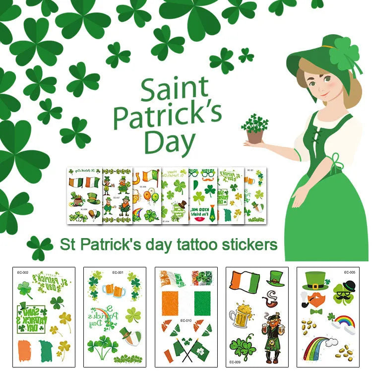Water transfer tattoo sticker paper with Saint Patrick's Day clover design for face and flag decoration.