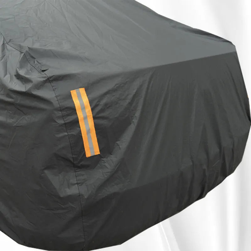 Grey PVC car cover for Volkswagen vehicles showing rainproof and sun protection features