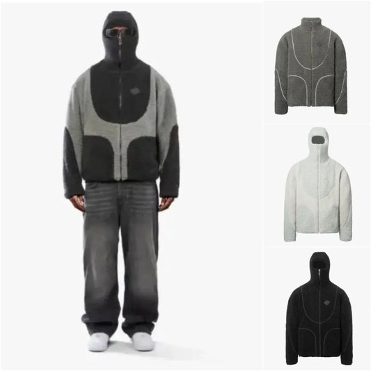 Cozy hooded fleece jacket with zipper closure, patchwork design, and variety of color options for casual men's wear